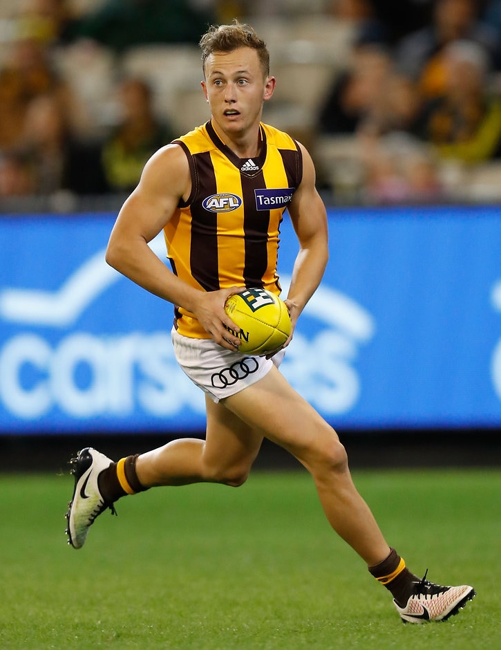AFL 2016 Rd 07 - Richmond v Hawthorn MELBOURNE, AUSTRALIA - MAY 6: Billy Hartung of the Hawks in action during the 2016 AFL Round 07 match between the Richmond Tigers and the Hawthorn Hawks at the Melbourne Cricket Ground, Melbourne on May 6, 2016. (Photo by Michael Willson/AFL Media)